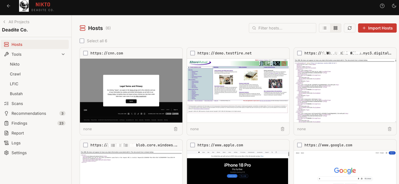 Nikto Platform Hosts view: each target crawled with a page screenshot, with Nikto, Crawl, LFIC and Bustah tools and finding counts