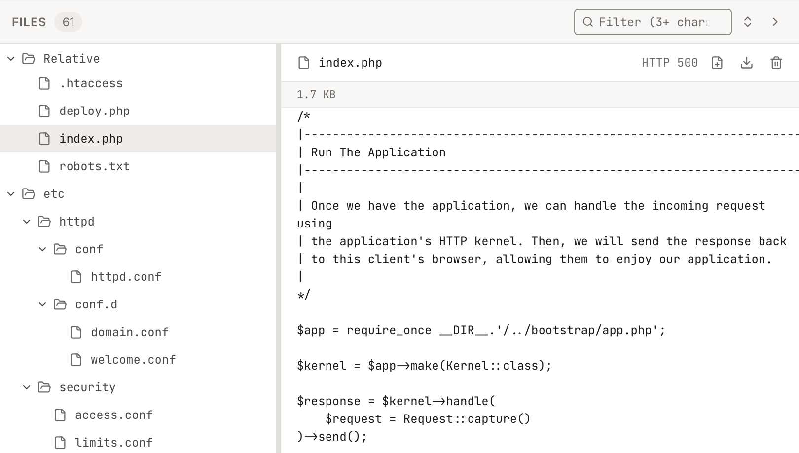 LFIC file explorer: a tree of files retrieved through a local file inclusion, with one PHP file open and a download control