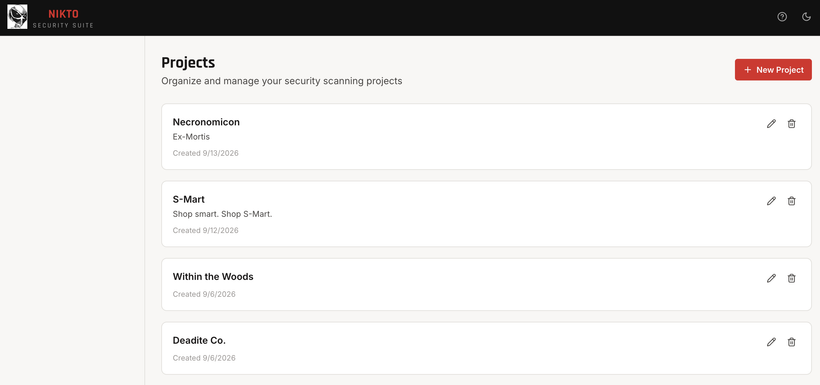 Nikto Platform Projects list, organizing separate security scanning engagements